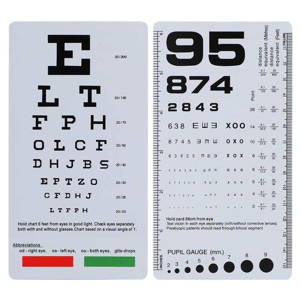 Pocket Eye Chart, 2 in 1 Snellen Eye Chart, Rosenbaum Pocket Eye Chart, Handheld Double Sided Plastic Eye Chart for Eye Exams