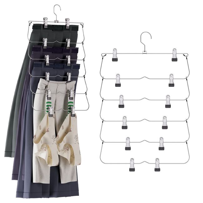 VACNITE Pants Hangers, Skirt Hangers, 6 Tiers, Set of 2, Foldable, Multi-functional Hangers with Strong Clips, No Traces, Closet Storage, Space Saver (Black)