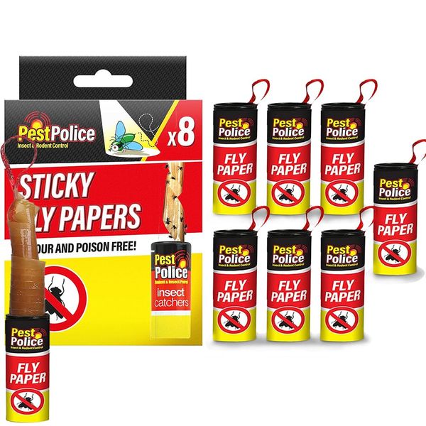 ZOPPER - Pest Police 8Pk Fly Paper Strips Flies Trap Indoor Outdoor Use Poison Free Sticky Fly Catcher for Insects Moths Mosquitoes