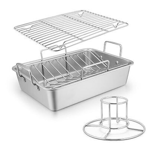 Roasting Pan with Rack, Stainless Steel Roaster Pan, 16 × 11 Inch Nonstick Tu...