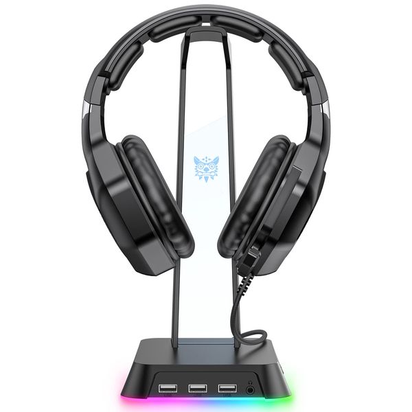 PHNIXGAM RGB Headphone Stand with 3.5mm AUX and 3 Port USB 2.0 Hub, Universal Gaming Headset Hanger Holder for Computer Gaming Gamer Accessories (Black)