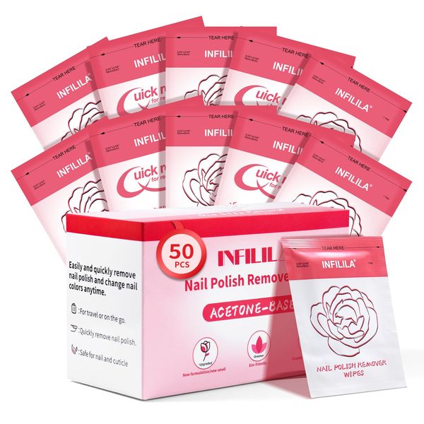 NXJ INFILILA Nail Polish Remover Pads, 2024 Newest Acetone Nail Polish Remover, 50PCS Quick Nail Polish Remover Wipes, Individually Wrapped Nail Polish Remover Wet Wipes for Removing Nail Polish