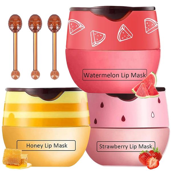 3 PCS Bee Lip Mask Honey Pot Lip Balm,Strawberry Watermelon Lip Mask Overnight Hydrating Dry and Crack Lip Scrubs Exfoliator Propolis Lip Sleeping Mask (Strawberry & Watermelon & Honey)