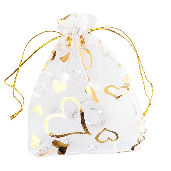 QIANHAILIZZ 100 pcs 3.5 x 4.7 Inch Flower Heart Organza Jewelry Gift Pouch Candy Pouch Drawstring Wedding Favor Bags X92 (A white with gold heart)