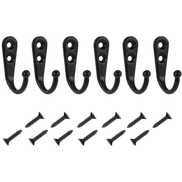 Xinstroe 6 Pieces Coat Hooks, Black Single Prong Metal Hooks Wall Mounted Hooks Robe Hooks Hanger with 12 Screws for Kitchen Bathroom Bedroom Scarf Bag Towel Key Caps (6)