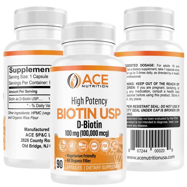 ACE NUTRITION High Potency Biotin USP (D-Biotin) 100mg (100,000mcg) (3)