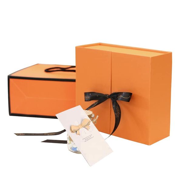 Orange Gift (Wrap) Box with Ribbon Magnetic Box Gift for Women Birthday Gift Box (M Size: 7.5 x 5.1 x 2.4 inches (19 x 13 x 6 cm)