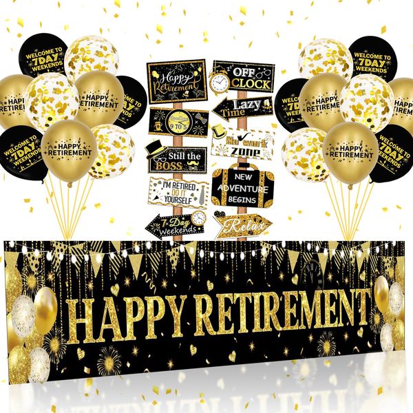 Retirement Party Decorations, Black Gold Happy Retirement Banner Sign Directional Retired Yard Sign Retirement Balloons for Happy Retirement Party Supplies