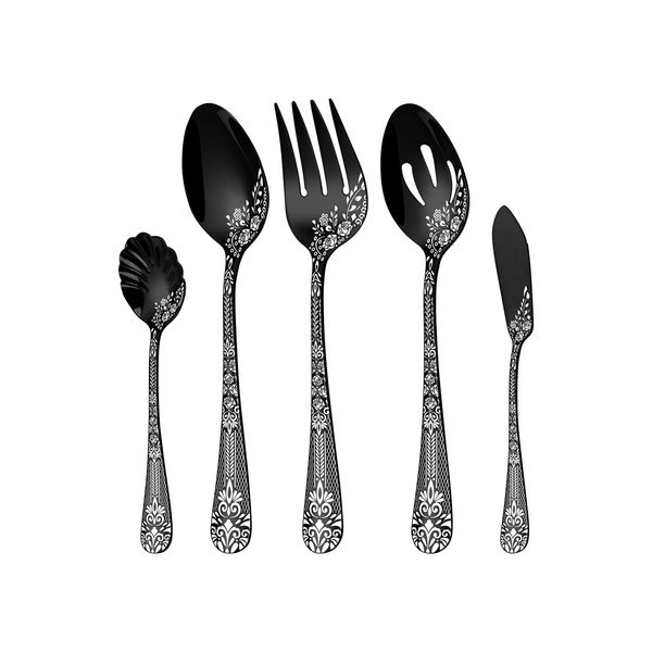 EUIRIO 5PCS Serving Utensils,Serving Set Includes Large Serving Spoon Slotted Serving Spoon Serving Fork Sugar Spoon&Butter Knife,Stainless Steel Flatware Serving set for Buffet Party,Dishwasher Safe