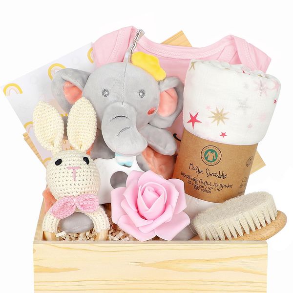 iAOVUEBY Baby Girl Gifts, Baby Shower Gifts for Girls, Baby Gift Set for Newborn Girl Essentials, Wooden Baby Gift Basket Swaddle Blanket Rattle Toy Onesie Headband Bow Infant Hair Brush