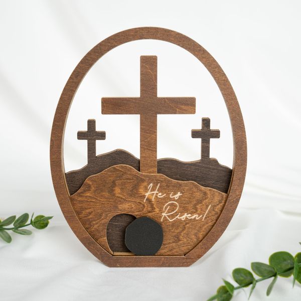 He Is Risen Decor Wooden, Easter Resurrection Scene Empty Tomb, Christian Table Decorations Indoor, Catholic Cross Jesus Religious Easter Gifts Decor (Walnut Wood)