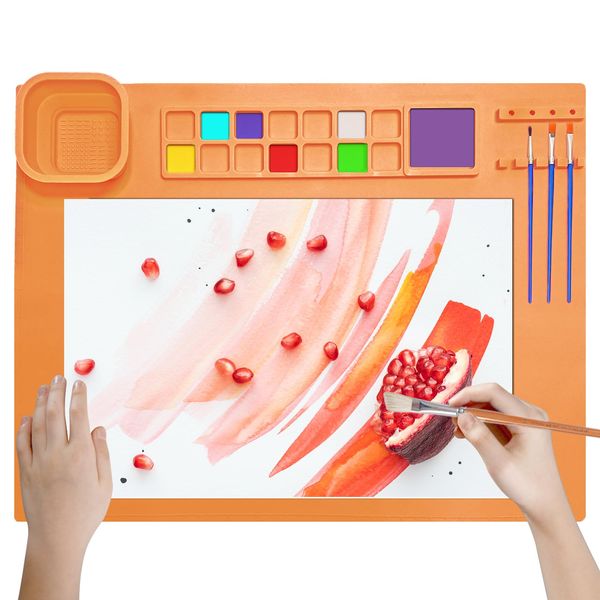 TENQUAN Silicone Painting Mat 20"x16" Silicone Craft Mat with Removable Cup Paint Tray Brush Holder Collapsible Art Mat for Crafting Drawing Cutting DIY Handmade Art Creation(Orange)