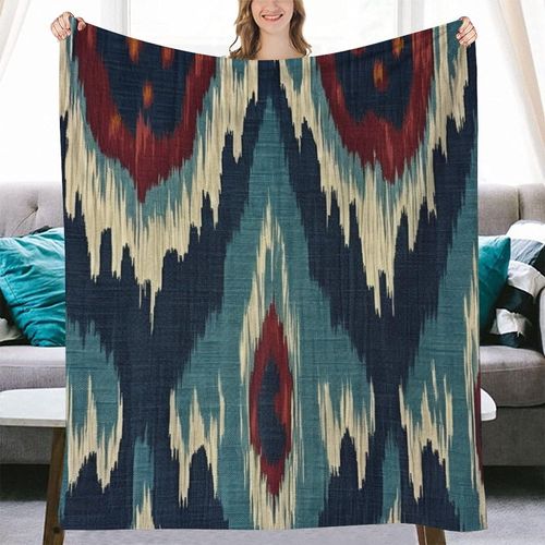 Yinrune Blue Green Red Cream Ikat Blankets Farmhouse Fuzzy Blanket Throw Decor Plush Super Soft Warm Coral Fleece Blanket for Sofa Chair Living Room Adult and Kids Blanket 50x60