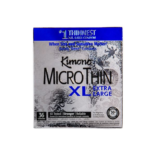 Kimono MicroThin XL, Ultra-Thin Lubricated Condoms, Natural Latex Condoms, Vegan-Friendly, No Latex Odor, Extra Thin, Widest-Base Condoms - Enhanced Sensitivity - Pack of 36