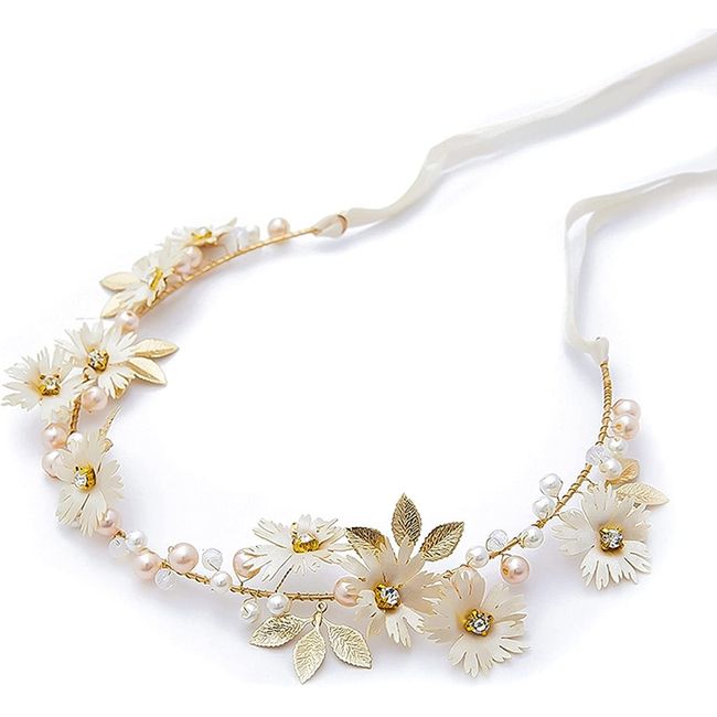 Daisy Pearl Flower Vine Headband, Rhinestones Headpiece for Women Girls in Bridal Wedding Party Hair Decoration(white)