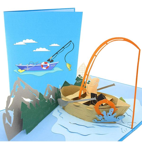 PopLife Fishing Boat Pop Up Card for Dad! - 3D Happy Anniversary Pop Up, Father's Day Card, Birthday, Retirement Card - Folds Flat for Mailing - for Dad, for Husband, for Son, for Boss