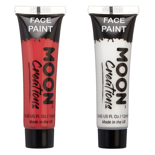 Moon Creations Face & Body Paint Tubes | Red & White Set | 12ml | Ready to Use Face Paint | No Flake | Cruelty Free, Made in UK | Face Paint for Kids, Adults, Fancy Dress, Festivals, Halloween, Joker