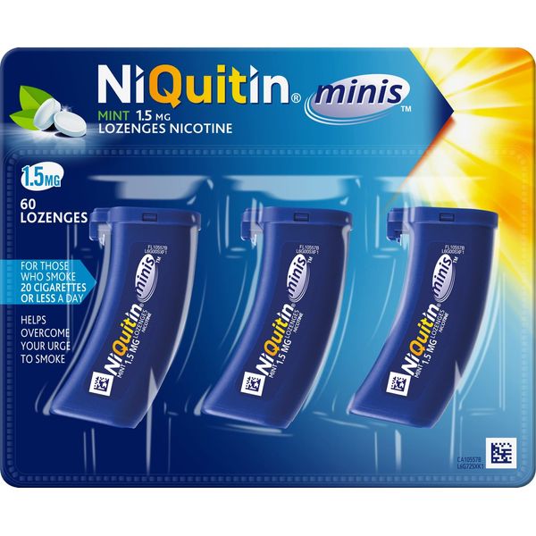 NiQuitin Minis Mint 1.5 mg Lozenges - Effective Smoking Craving Relief - Practical Pocket-Sized Container - Relieve Sudden Cravings - Reduce and Quit Smoking Aid, 60 Count (Pack of 3)