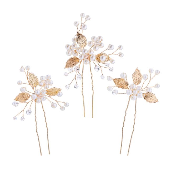 3 Stück Braut Haarschmuck Gold Perlen Bride Wedding Hair Pins Kopfschmuck Hochzeit Haarspangen Blätter Braut Tiara Blume Haarschmuck Hair Clips für Bräute Brautjungfern