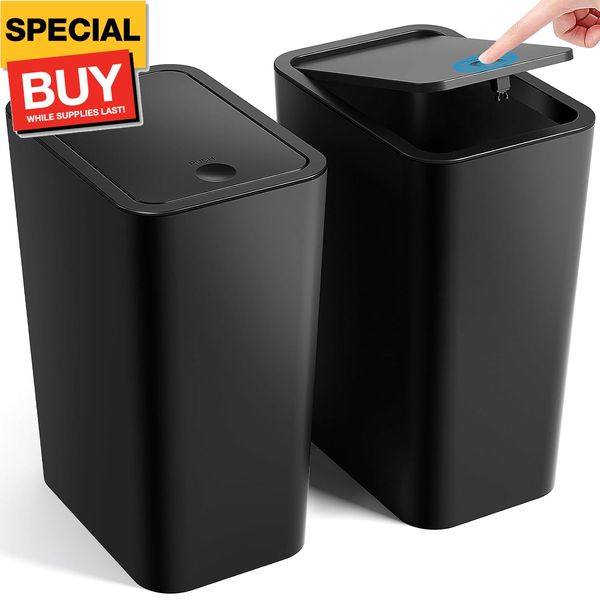 Bathroom Trash Can with Lid, 2 Pack 4 Gallons/15 Liters Garbage Can with Pop-Up