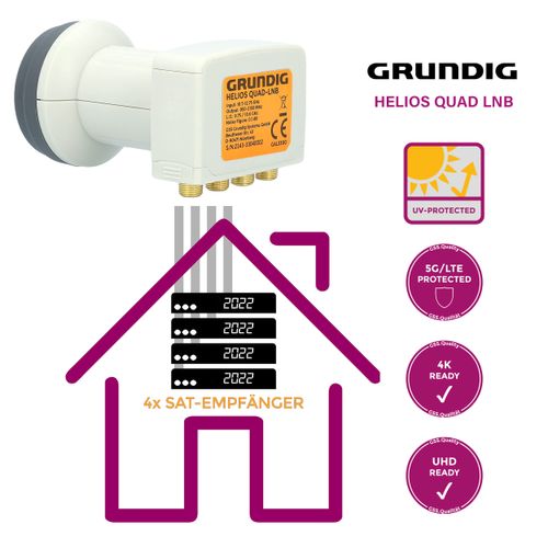 GSS Helios Quad LNB + 8x F-Connector, with LTE Shielding & Sun Protect UV Protection, 4x HD 4K LNB for 4 Participants (TV TV, Sat Receiver) LMB LNC for Satellites