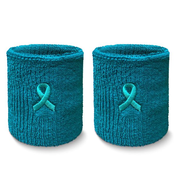 Couver Wrist Sweatband - Solid Cotton Terry Colth Sport Wristband, 1 Pair, Teal w/Ribbon