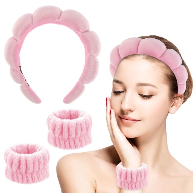 Sibba Sponge Headband Wristband Sets for Washing Face, Makeup Headbands for Women Girls, Skincare Makeup Removal Wash Spa Yoga Sports Shower Head Band Terry Towel Cloth Hair Band (Pink)