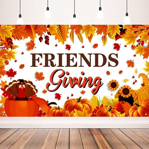 Friendsgiving Banner, Fall Maple Leaves Turkey Pumpkin Themed Backdrop for Friendsgiving Party Decorations, 71x43 Inches