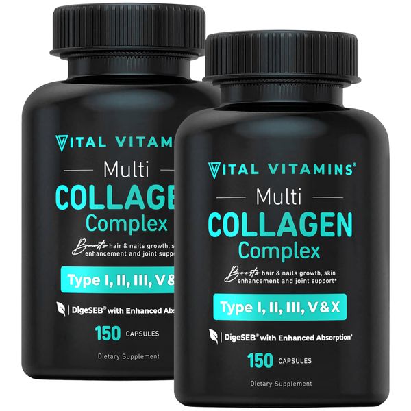 Vital Vitamins Multi Collagen Complex,Capsule (2 Pack) - Type I, II, III, V, X, Grass Fed, Non-GMO