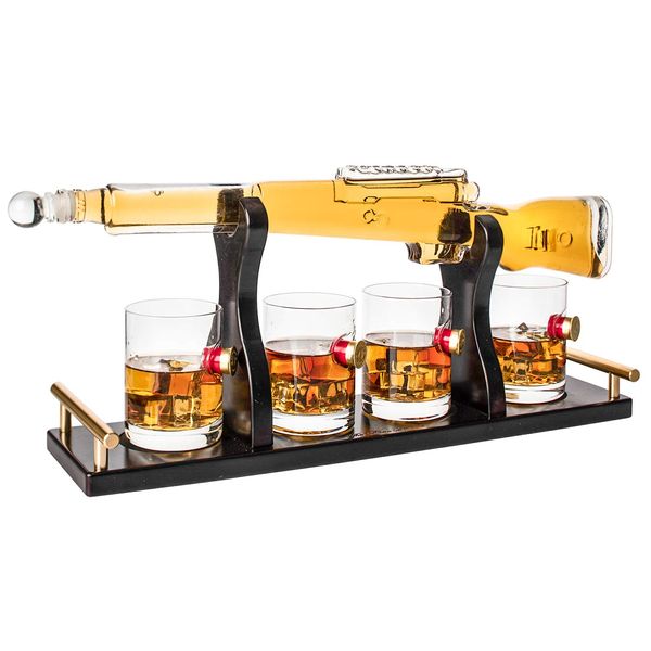 Shotgun Gun Large Whiskey & Wine Decanter Set Bullet Glasses - Limited Edition Elegant Rifle Gun Whiskey Decanter 22.5" With 4 Shotgun Bullet Whiskey Glasses and Mohogany Wooden Base The Wine Savant