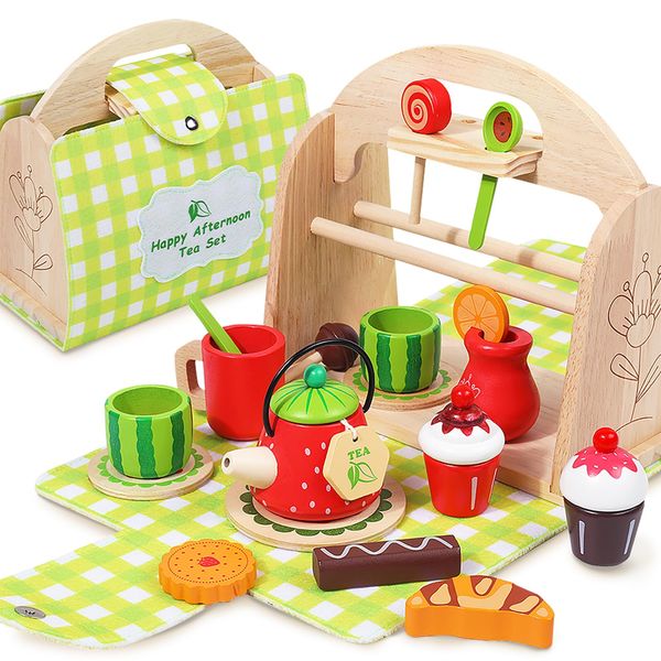 Wooden Tea Party Set for Toddler - Wooden Tea Set Pretend Role Play Kitchen Toy with Carrying Case, 3-5 Year Old Kids Girls Boys Birthday