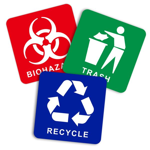 3PCS Recycle Stickers for Trash Bins, Self-Adhesive Weatherproof Recycle Bins Sign Sticker, Trash, Recycle and Biohazard Stickers for Garbage Can, Home, Office,Kitchen,Commercial Event,Apartment,Hotel（4.7" x 4.7"）
