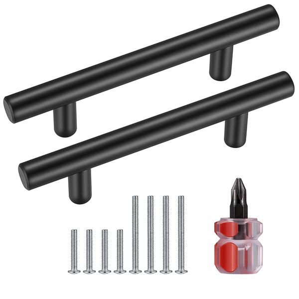 VARHHUXHA Kitchen Cupboard Handles, 6 Pcs Black Cabinet Door Pulls Handles, T Bar Handles Knobs, Stainless Steel Wardrobe Drawer Dresser Door Gate Handles, with Screws and Screwdriver（12x76x127mm）