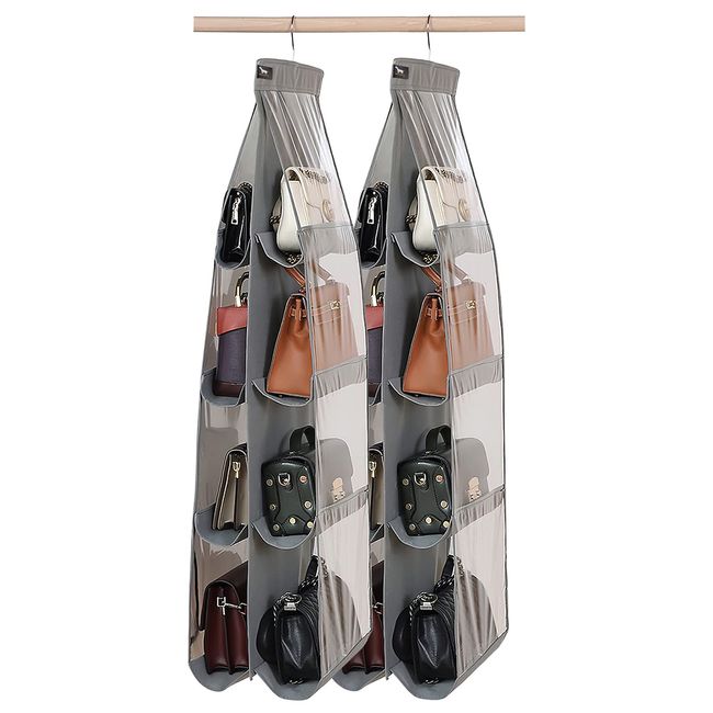 Zebricolo Purse Organizer - 2 Pack, 8 Pockets, Thicken Metal Hooks, Hanging Closet Organizer, Grey