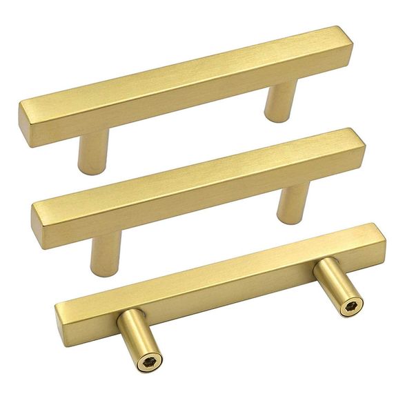 goldenwarm Gold Cabinet Handles 3 3/4 inch Brushed Brass Drawer Pulls 10 Pack - LS1212GD96 T Bar Square Gold Kitchen Cabinet Door Handle Bathroom Cabinet Pulls