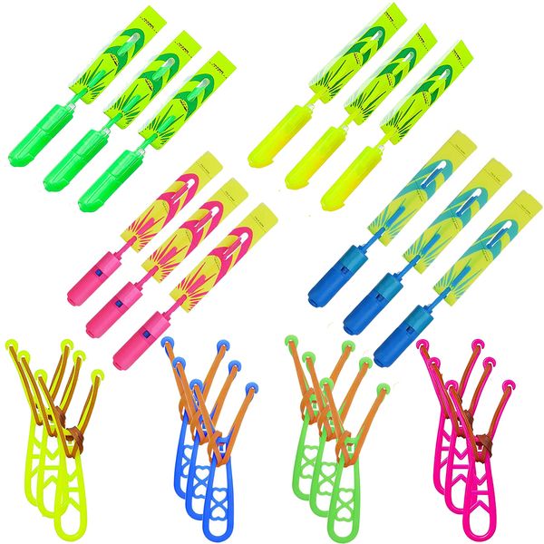 TOYARA Amazing Led Flying Toys for Kids -12 PCS Light up Slingshot LED Helicopter Toy - Arrow Planes Glow in The Dark Party Favors for Kids Summer Toys Outdoor Game Birthday Gifts for Kids 8-12