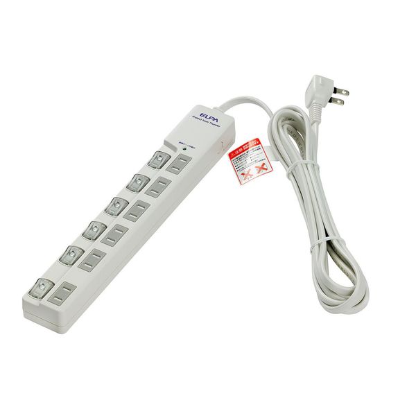 ELPA WLS-LU630MB(W) Tap with Switch, Lightning Guard, Outlet Extension Cord, LED, Top Outlet, 6 Sockets, 6.9 ft (3 m)