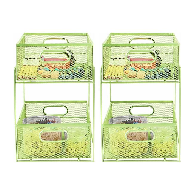 Mind Reader Sliding Metal Mesh 2 Tier Storage Baskets Green Twin Pack