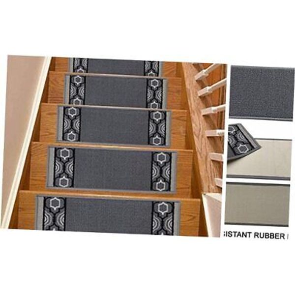 Stair Treads Skid Slip Resistant Backing Indoor Set of 13 Trellis Border Grey