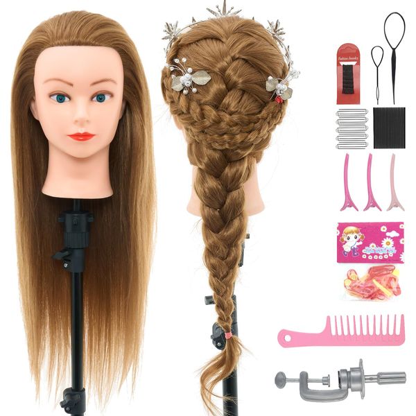 28Inch 60% Real Hair Mannequin Head, Cosmetology Mannequin Head with Hair for Braiding Curling Cuting,Doll Head for Hair Styling with Table Clamp Hair Styling Set(Blonde)