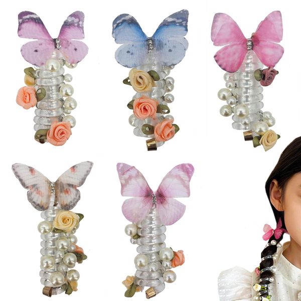 Butterfly Telephone Wire Hair Bands Spiral Hair Ties No Damage Organza Butterflies Ponytail Holders Hair Tie Flower Pearl Butterfly Telephone Line Coil Hair Ties Phone Cord Hair Ties Hair Accessories