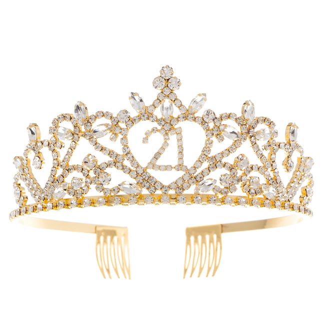 Ella Celebration 21 Gold Tiara for 21st Birthday Party, Golden Birthday Girl Crown (Gold)