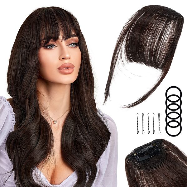 2 Pcs Clip in Pony Haarverlängerung Haarteil, Clip in Fransen Fringe Bangs Verlängerung Haarteil Extensions Bangs natürliche Fringe Dünn Bang für Frauen Mädchen, One Piece In Front Hair, Dunkelbraun