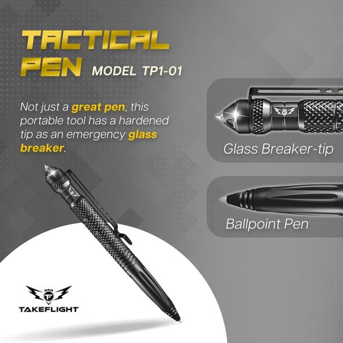 TF TAKEFLIGHT Tactical Pen Multitool – Gifts For Men Dad - Diamond Thread Grip, Strong Rugged Aluminum EDC Survival Gear, Pocket Military Writing Glass Breaker, Pen Collection - Black Card