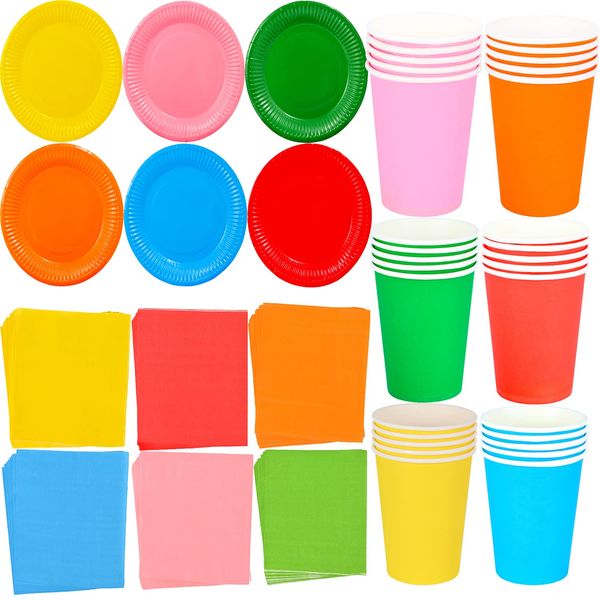 NAUZE Rainbow Party Supplies 72 Pieces Multicolor Party Tableware Cocktail Luncheon Beverage Serviette Napkins Paper Plates 9oz Cups for Shower Engagement Wedding Birthday Party