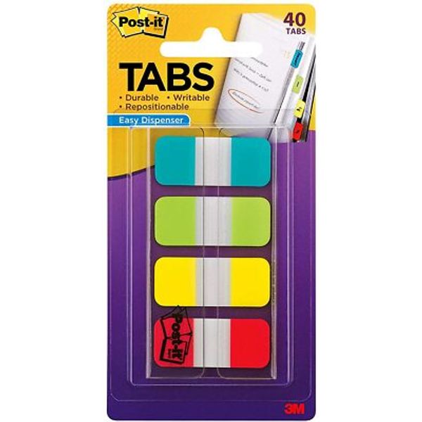 Post-it Tabs.625 in Solid, Aqua, Lime, Yellow, Red, 40 Dispenser in 10 Colors