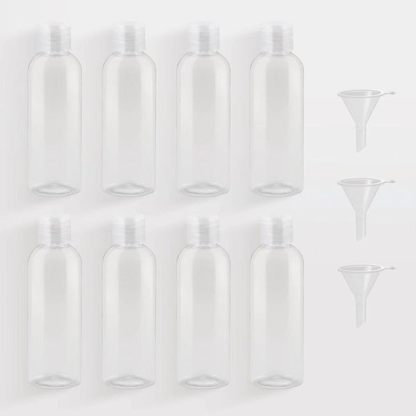 8 Pieces Travel Bottles Set, 100ml Plastic Bottle with 3 Funnels, Transparent Empty Cosmetic Travel Containers Mini Air Bottles PET Travel Shower Gel Containers Cosmetic Bottles