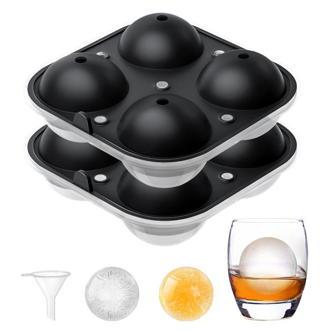 Eiswürfelform, Silikon, BPA-frei, LFGB-zertifiziert, 2 Stück, XXL-Eiswürfelform, rund, groß, mit Trichter & Deckel für Whisky, Champagner, Cocktails, Bier, gekühlte Getränke, 4 Eiskugeln