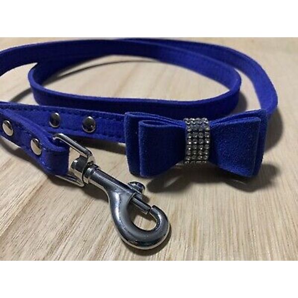 Suede Leather Type Pet Dog Leash Navy Blue with Cute Rhinestone Bow Tie