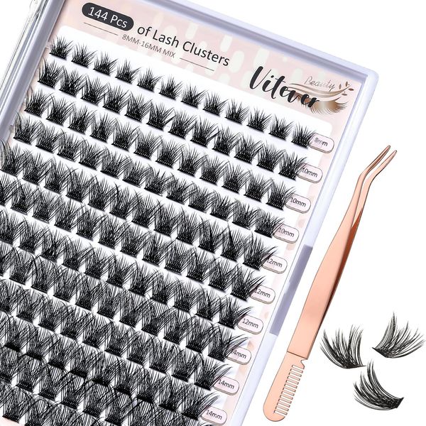 Cluster Lashes with Eyelash Applicator, Individual Lashes Natural Look, 40D DIY Eyelash Extensions with Soft Band, 144pcs D Curl Long Eyelash Clusters(30D 40D, 8-16MIX)